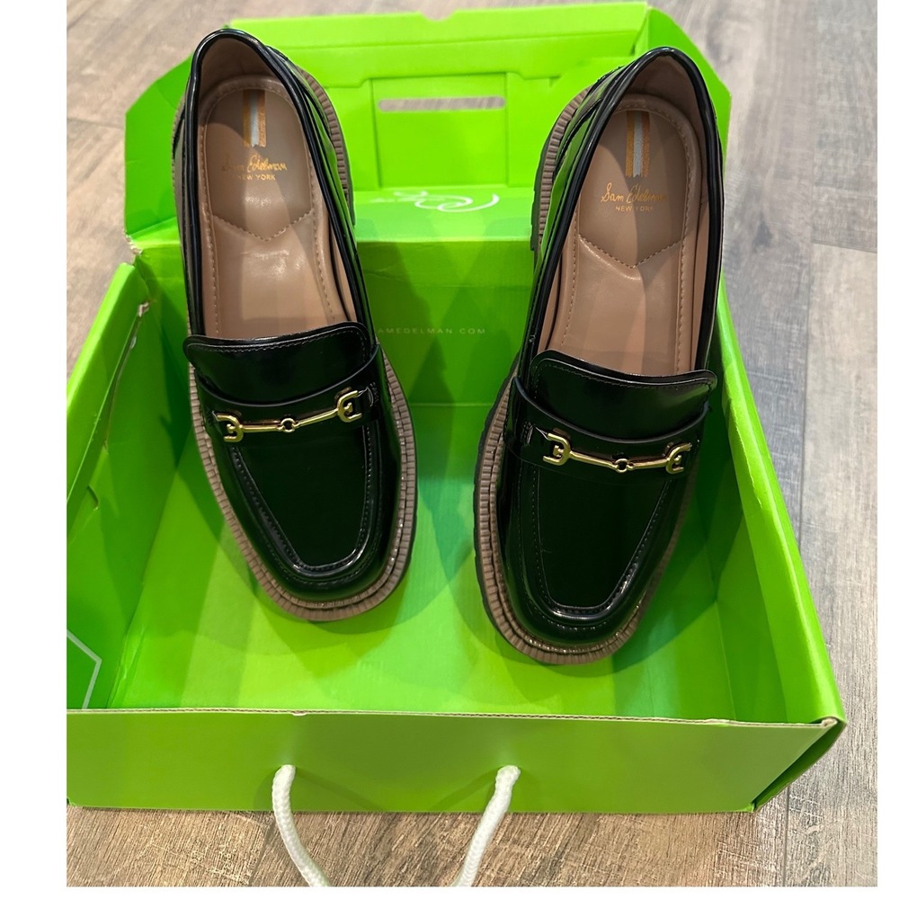 Sam Edelman Black Patent Loafers with Gold Bit Detail - Picture 4 of 7